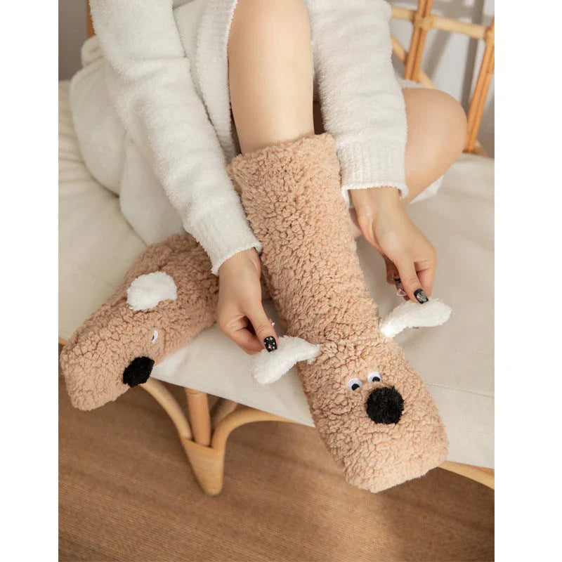 Cozy cartoon dog socks in various colors featuring plush, non-slip designs for comfortable winter wear