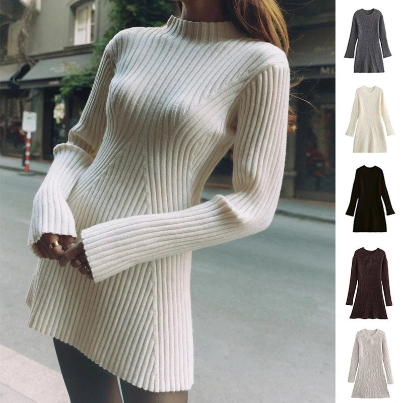 A stylish ribbed knit dress in a variety of classic colors, featuring a slim-fit silhouette and a chic stand-up collar for a flattering, versatile look.