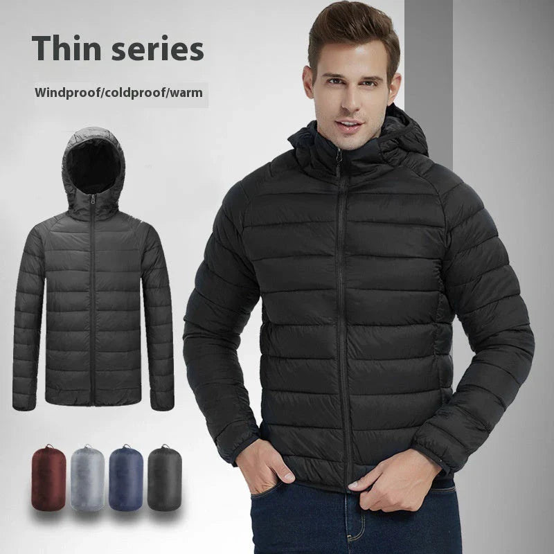 Men's lightweight hooded jacket in various solid colors with zipper closure and stylish design