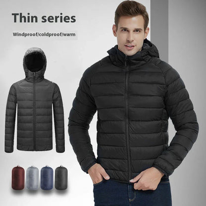 Men's lightweight hooded jacket in various solid colors with zipper closure and stylish design