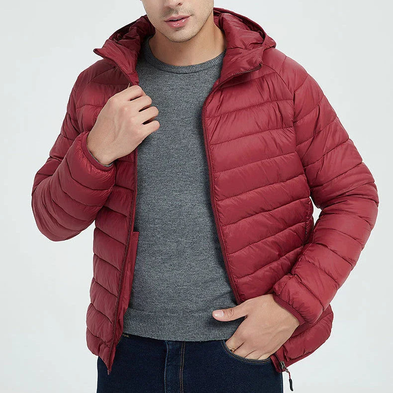 Men's lightweight hooded jacket in various solid colors with zipper closure and stylish design