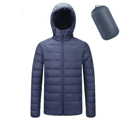 Men's lightweight hooded jacket in various solid colors with zipper closure and stylish design