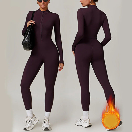 Cozy zippered jumpsuit in various colors, designed for yoga, fitness, and sports activities