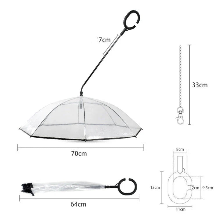Adjustable transparent pet umbrella with C-shaped handle and retractable middle bar for customized rain protection