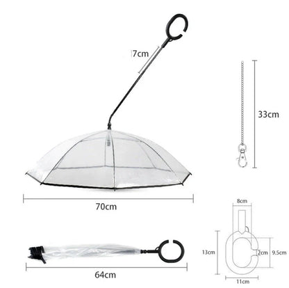 Adjustable transparent pet umbrella with C-shaped handle and retractable middle bar for customized rain protection