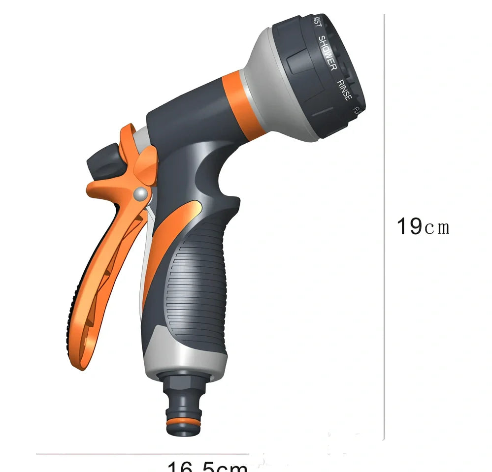 Orange gardening spray gun with ABS construction measuring 19x16.5x6cm for flower watering