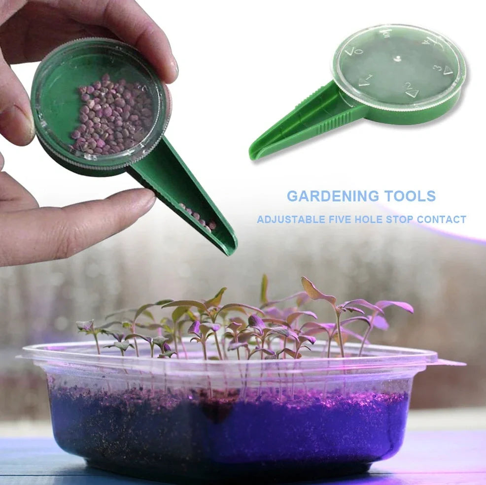Green and transparent 5-speed adjustable gardening seed planter with dial control