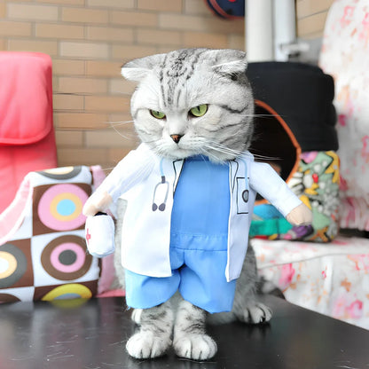 Polyester cat costume in character design with size label showing bust and neck measurements