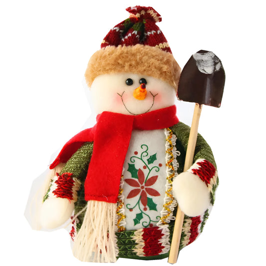 Set of three flannel Christmas decorations: snowman, reindeer and Santa figures in red, green and white