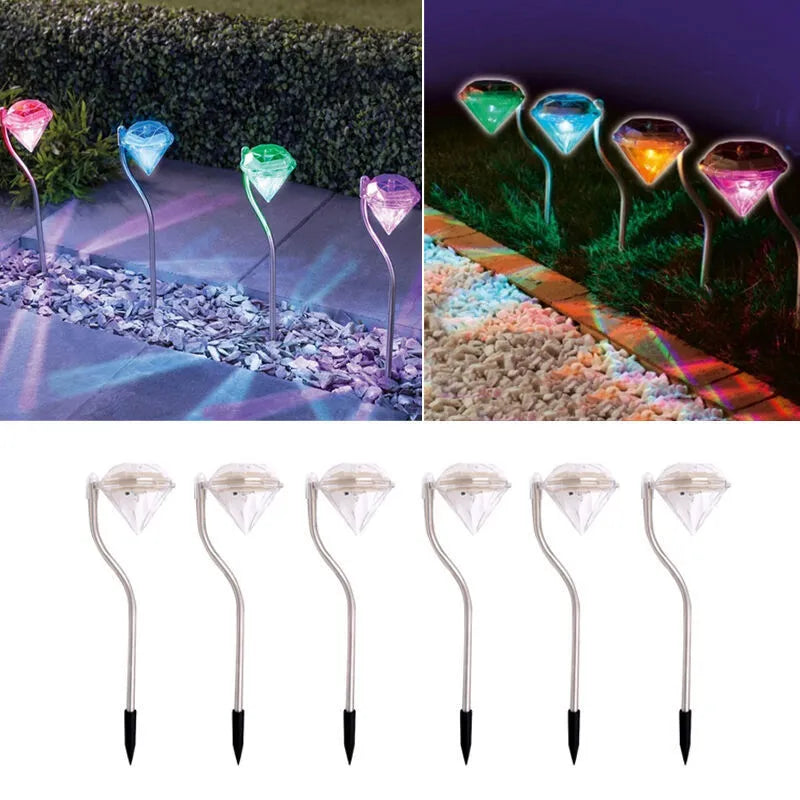 Solar powered garden diamond light with adjustable angle and IP55 waterproof rating for outdoor use