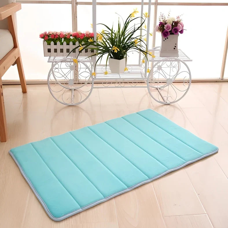 Memory foam bathroom carpet with coral fleece surface and non-slip latex backing in beige colour