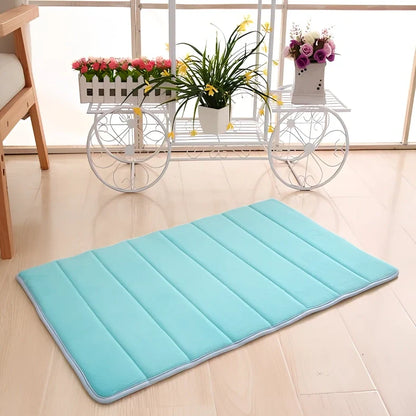 Memory foam bathroom carpet with coral fleece surface and non-slip latex backing in beige colour