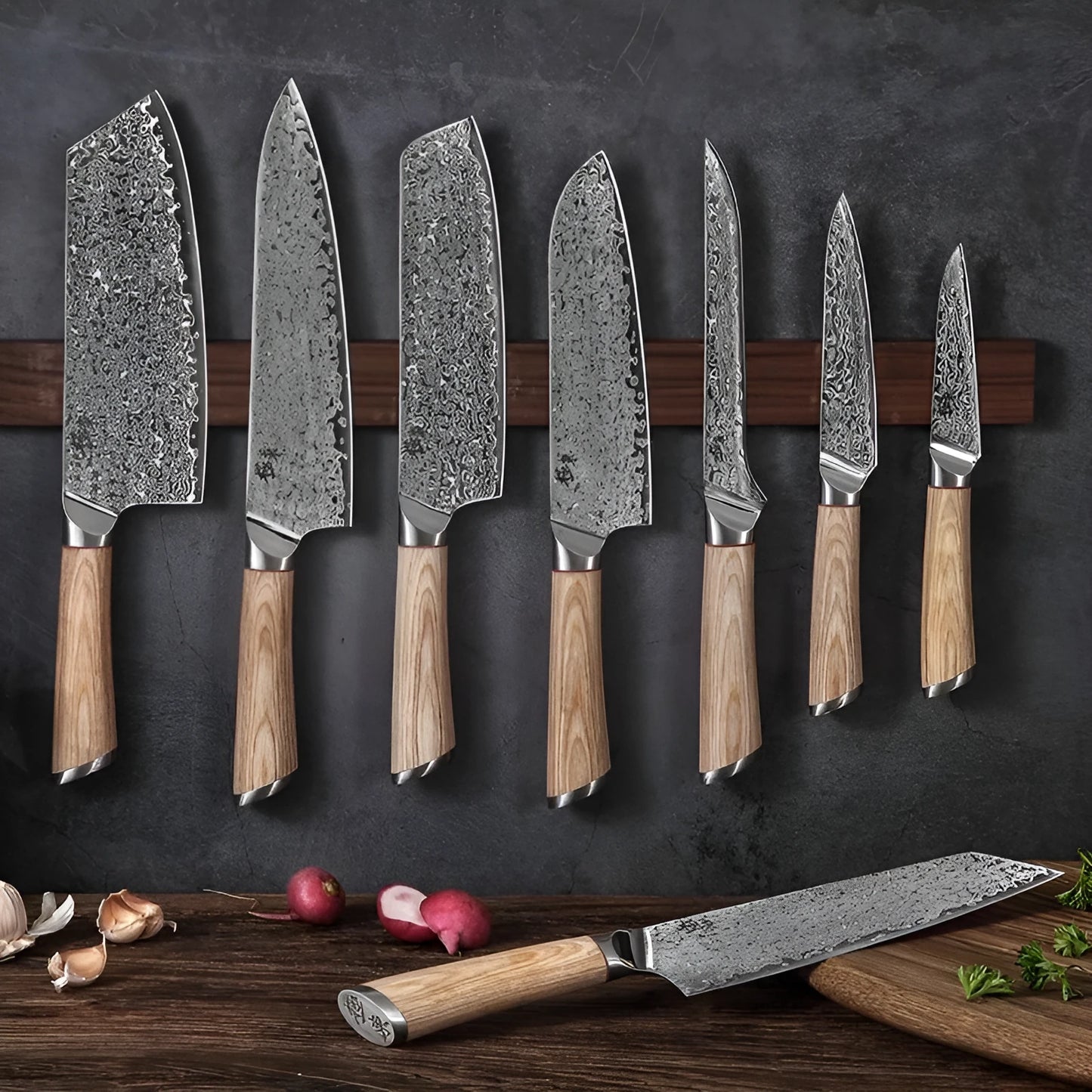 Damascus pattern kitchen knife set with eight stainless steel blades in various sizes
