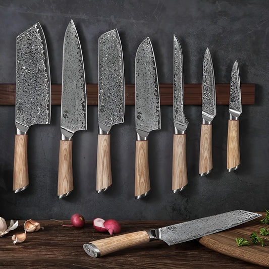 Damascus pattern kitchen knife set with eight stainless steel blades in various sizes