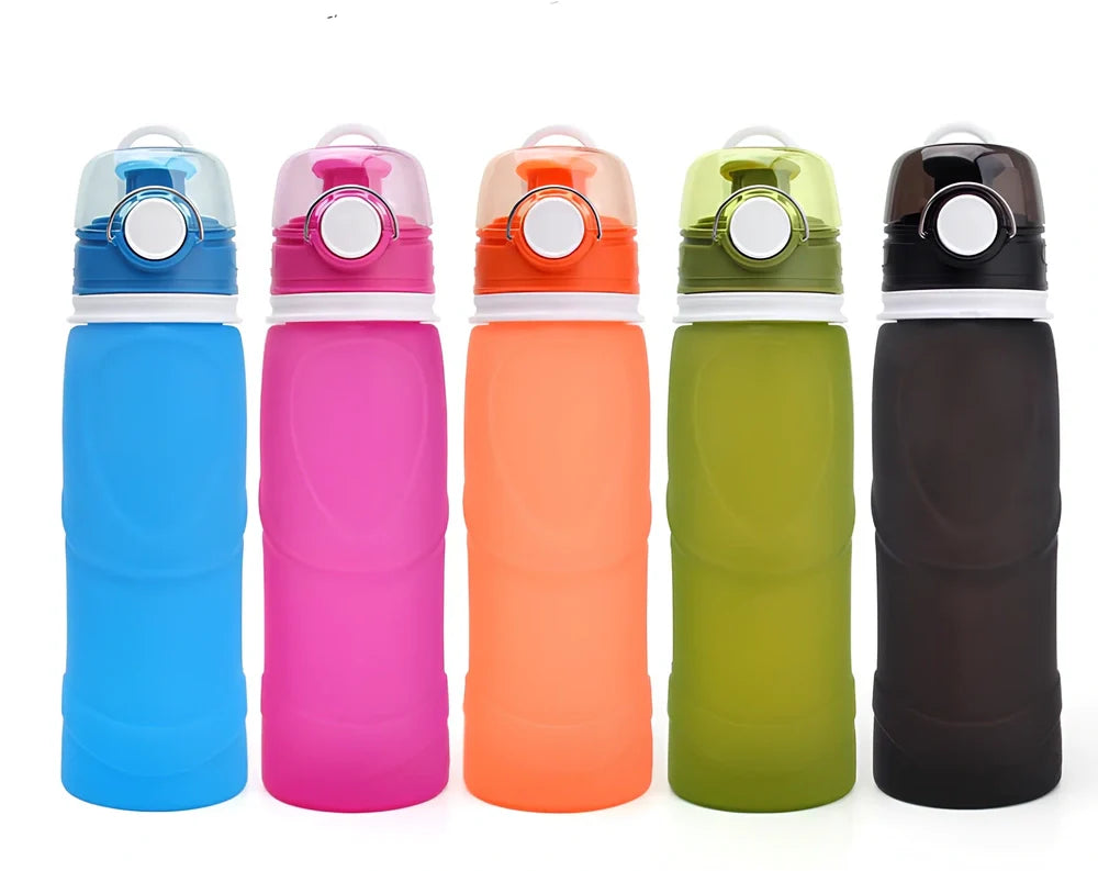 Orange silicone folding water bottle showing collapsed 7cm height and expanded 22cm height with 750ml capacity