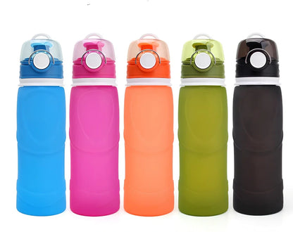Orange silicone folding water bottle showing collapsed 7cm height and expanded 22cm height with 750ml capacity