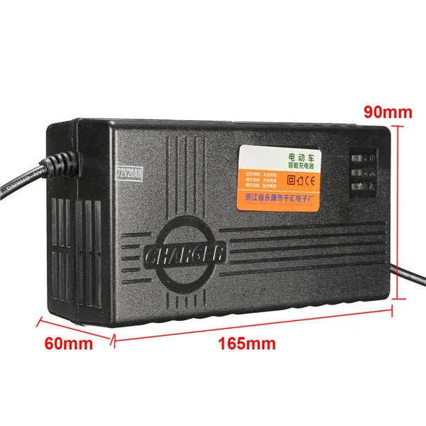 72V20AH electric car charger with universal AC180-226V input and DC72V 2.5A output, designed for professional 72V20AH lead-acid batteries in electric vehicles, available in black with AU, EU, or US plug styles, compact 165x87x63mm housing