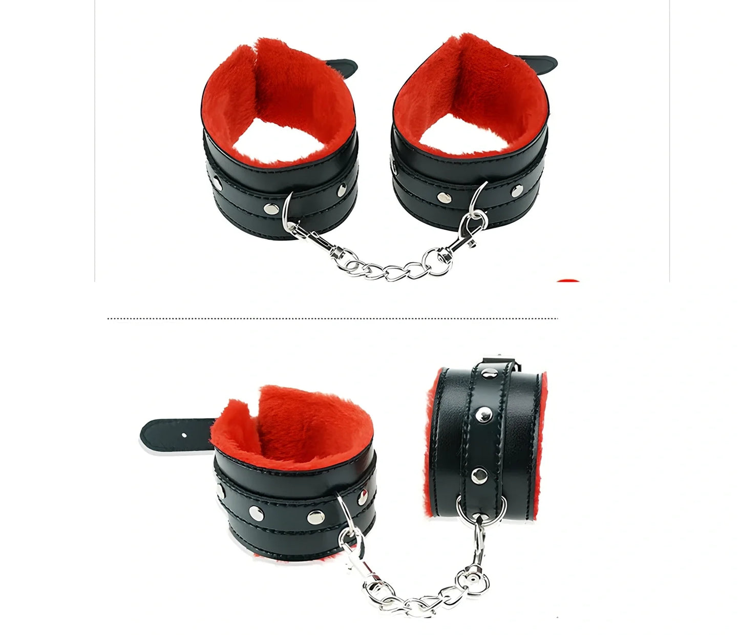 Red plush role-play set with handcuffs, shackles, collar, breast clip, whip, eye mask, mouthball, and cotton rope