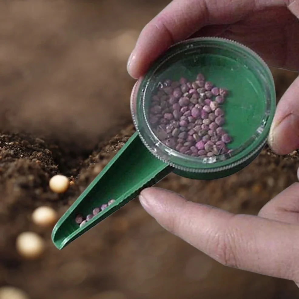 Green and transparent 5-speed adjustable gardening seed planter with dial control