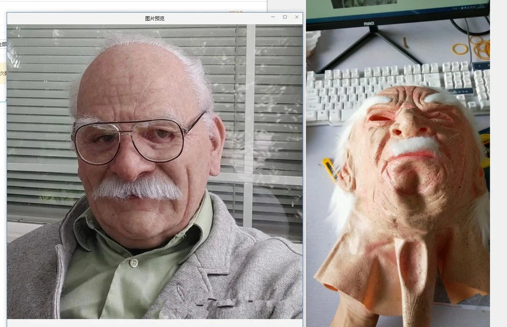Latex old man Halloween mask with white hair and beard showing realistic facial wrinkles