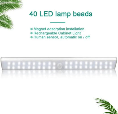 Rechargeable LED motion sensor light in three sizes: 24, 40, and 60 beads, with cold white or warm white options