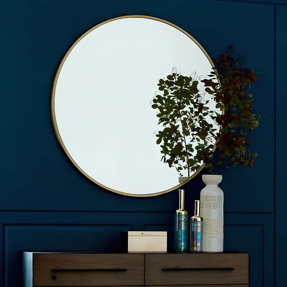 30cm round bathroom wall mirror with iron frame in black, white, or gold colour options