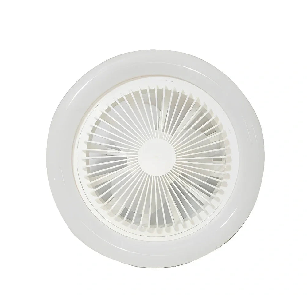 26cm round white ceiling fan with plastic blades and integrated LED light, remote control