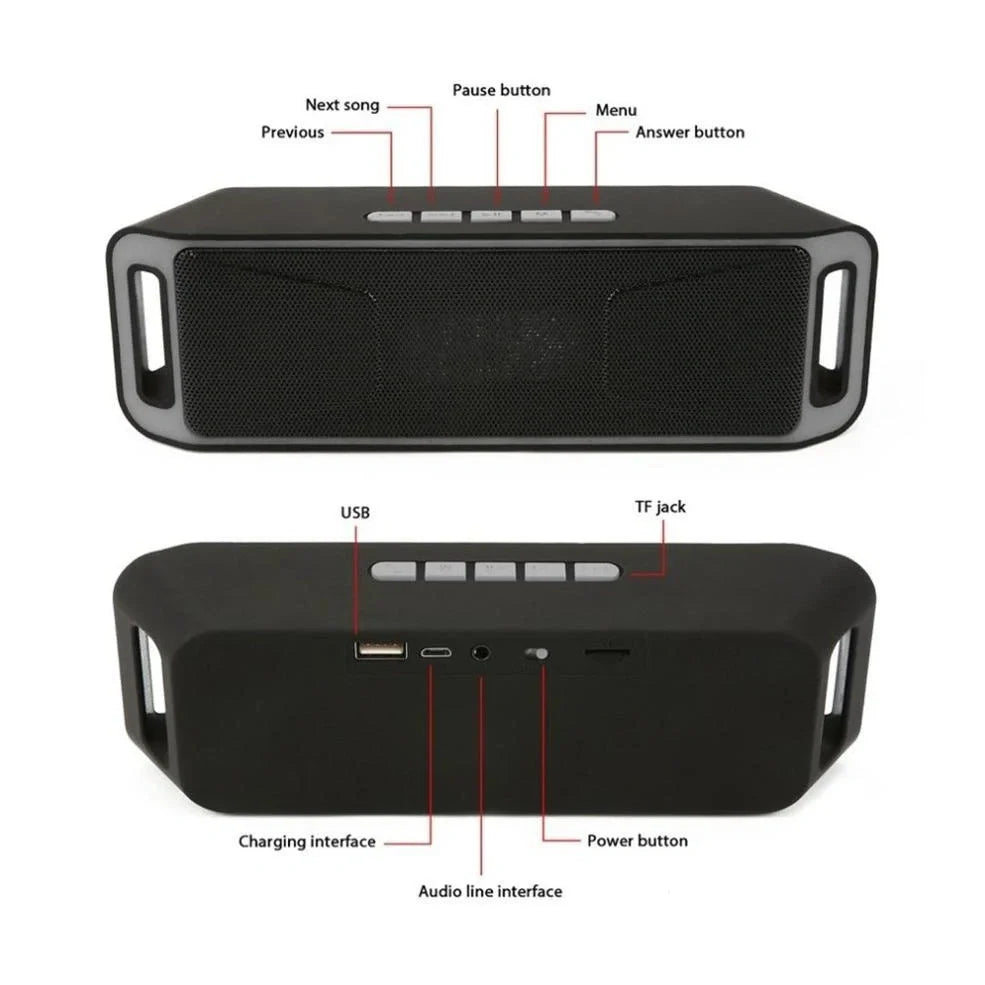 Blue portable Bluetooth speaker with dual speakers showing dimensions 20x6.5x4cm