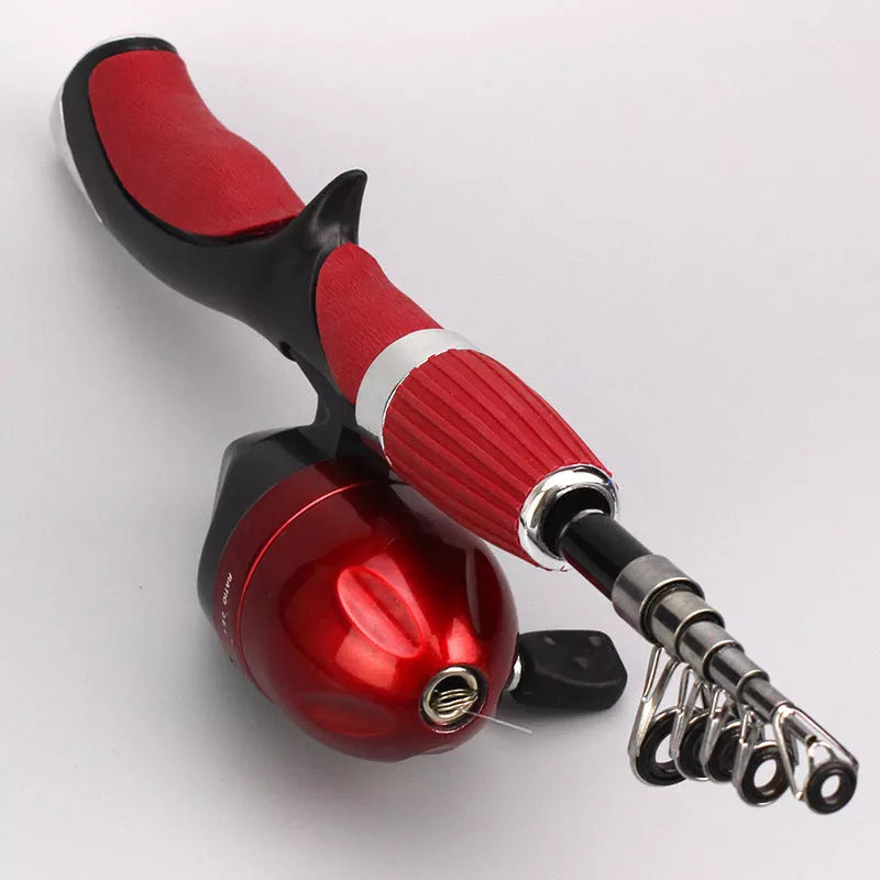 Compact carbon fiber ice fishing rod with spinning wheel in red and blue options