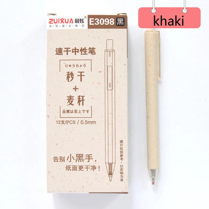 Set of 12 coloured 0.5mm gel pens with black ink and press-button tops on a white surface.
