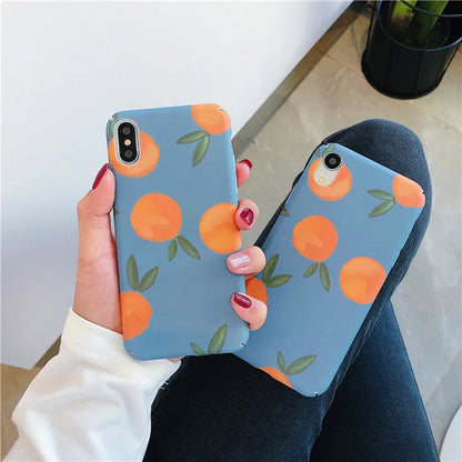 Orange plastic iPhone back cover case with blue water pattern print