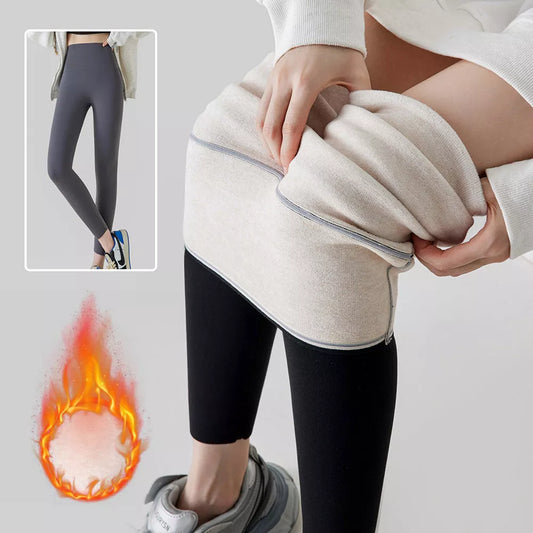 Women's high waist nylon leggings with plush interior for winter warmth in black, grey, and coffee color