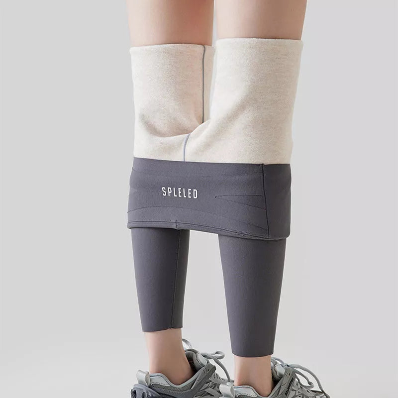 Women's high waist nylon leggings with plush interior for winter warmth in black, grey, and coffee color