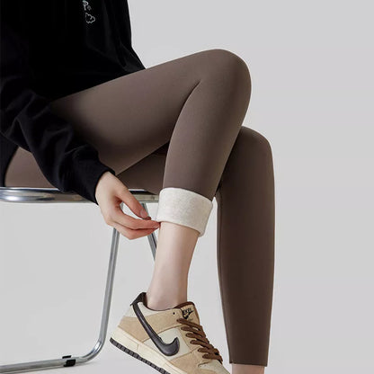 Women's high waist nylon leggings with plush interior for winter warmth in black, grey, and coffee color