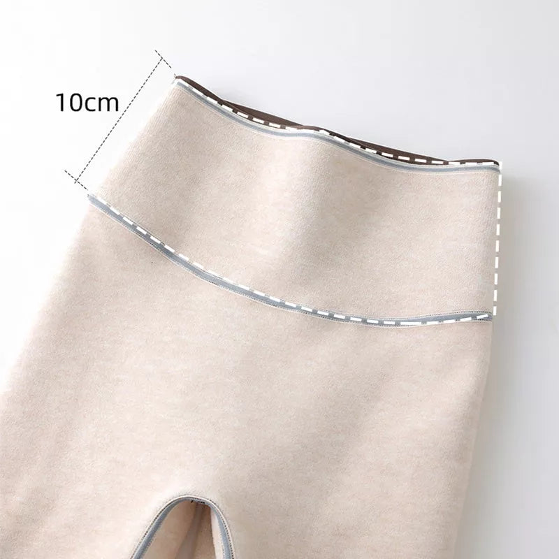Women's high waist nylon leggings with plush interior for winter warmth in black, grey, and coffee color
