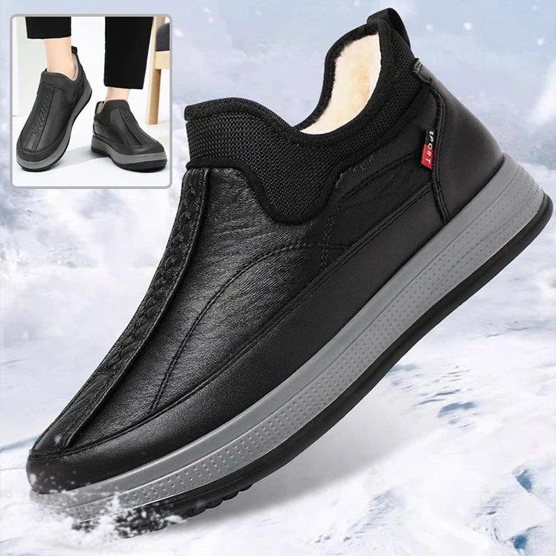 Cozy winter snow boots with fleece lining, round toe, and non-slip platform sole in black and grey colors