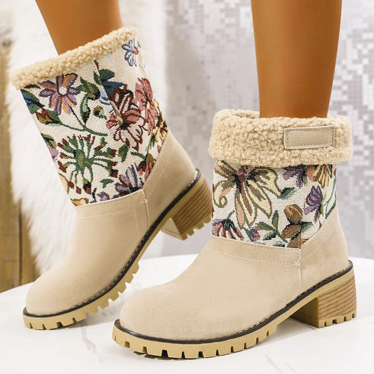 Floral embroidered snow boots in off-white, black, and pink colors with thick square heels and round toe shape