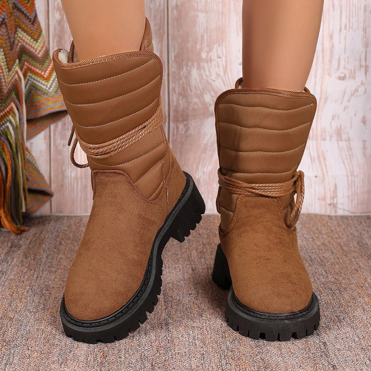Women's black suede chunky heel snow boots with lace-up design and fleece lining, size 38 displayed