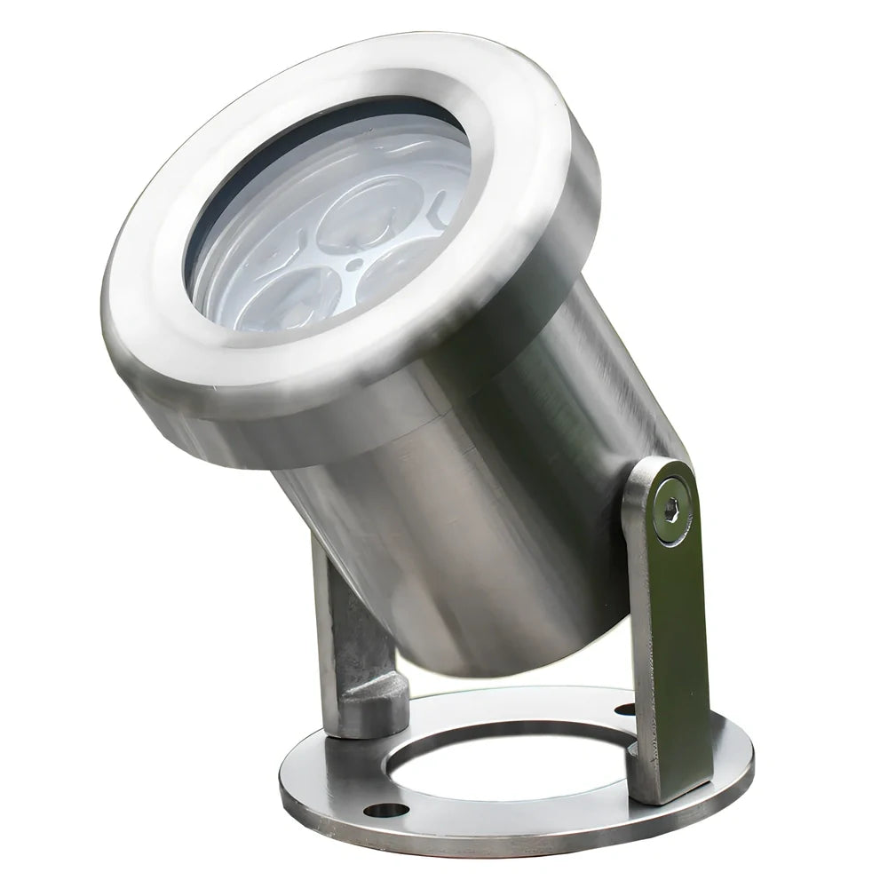 Silver LED underwater spotlights with 3 lamp beads showing 30-degree beam angle illumination in pool water