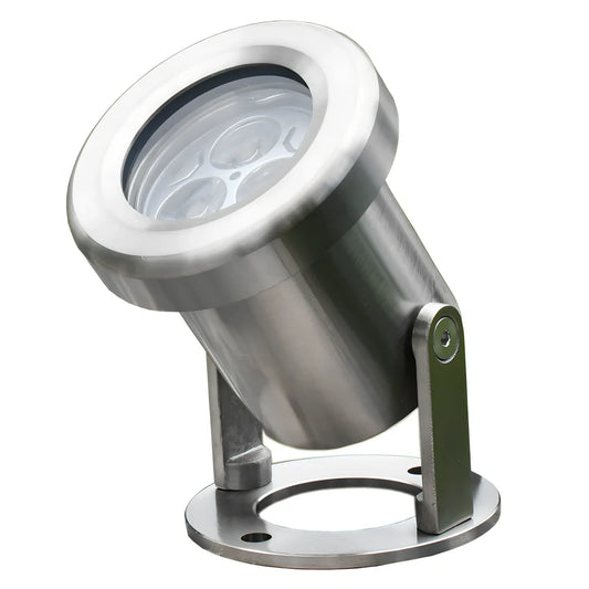 Silver LED underwater spotlights with 3 lamp beads showing 30-degree beam angle illumination in pool water