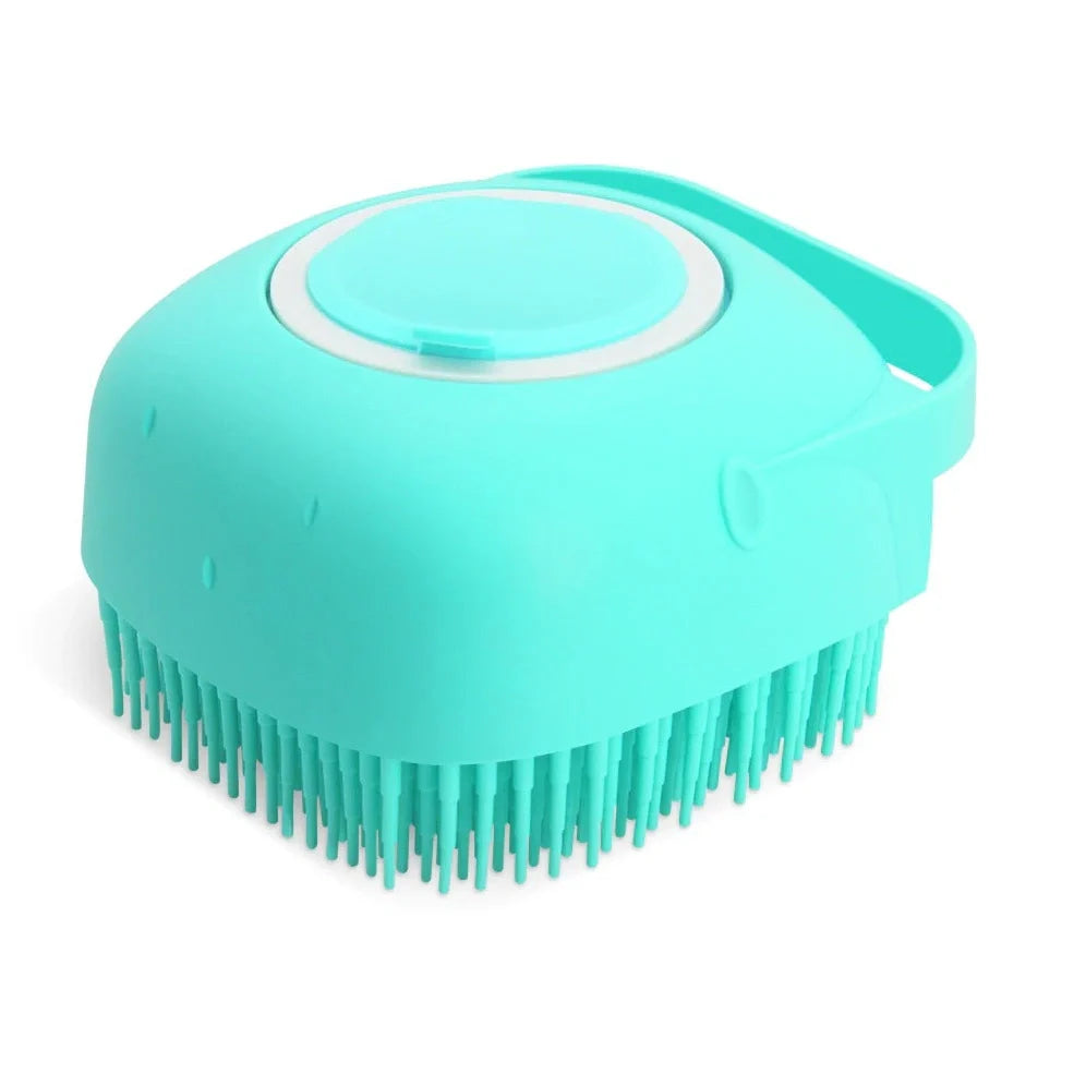 Silicone scrubber dispenser in blue colour showing soap distribution through bristles