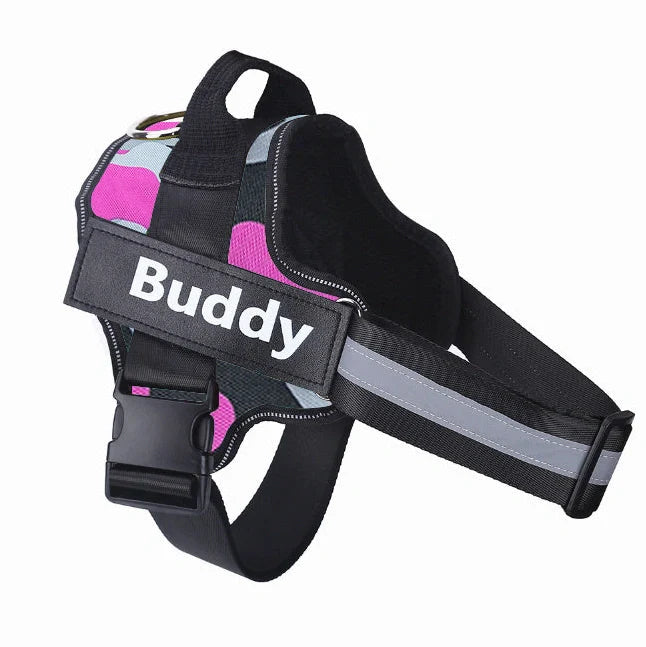 Personalised dog harness with reflective straps and adjustable chest fitting showing no-pull design