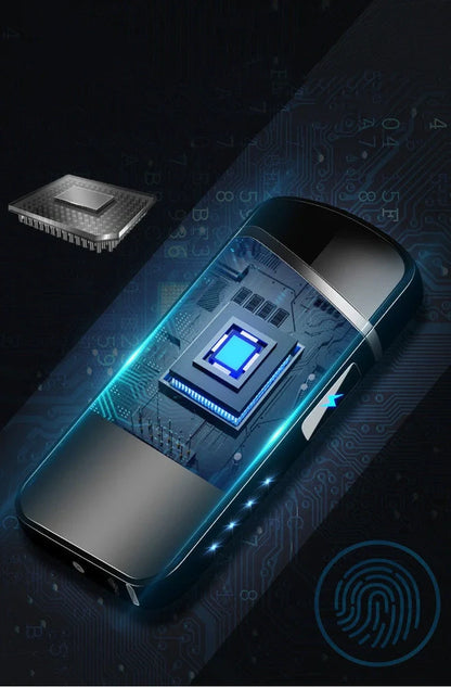 Zinc alloy charging lighter in black brushed finish, 80x35x13 mm with windproof arc and USB port