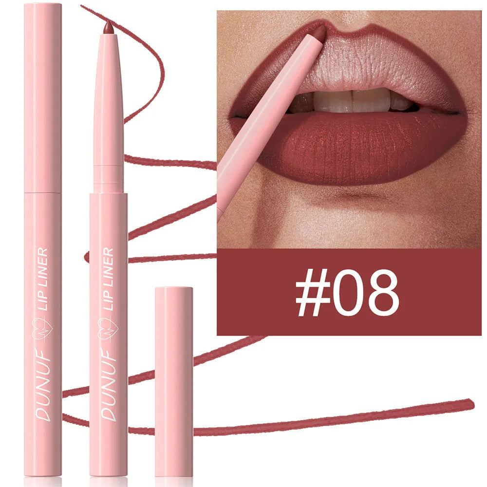 Velvet matte lip liner pencil in one of 12 colours with soft blunt tip for lip definition