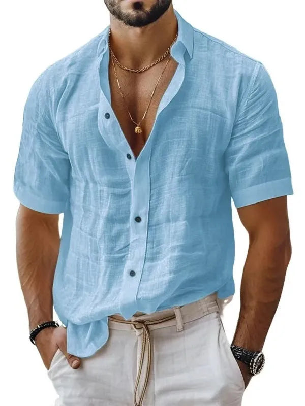 Men's short sleeve lapel shirt in cotton linen blend available in multiple solid colours