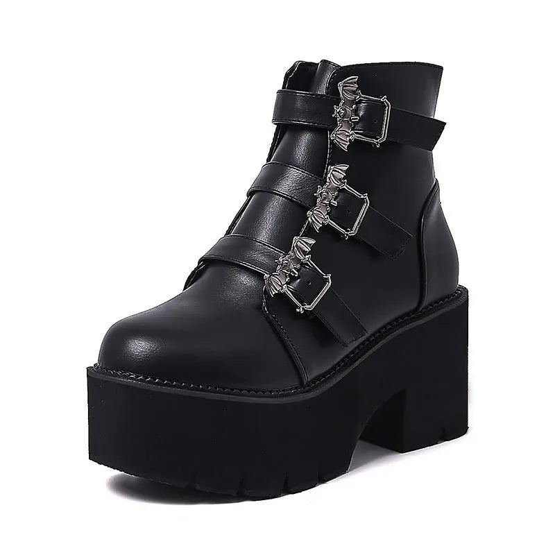 Black Harajuku punk bat buckle gothic short boots with side zipper, thick heel, and round toe
