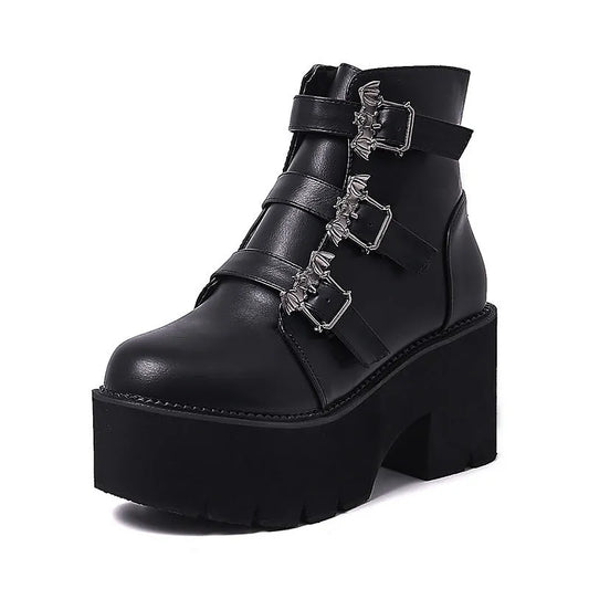 Black Harajuku punk bat buckle gothic short boots with side zipper, thick heel, and round toe