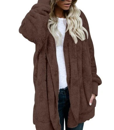 A cozy, plush women's jacket in a variety of colors with a relaxed, oversized fit for easy layering