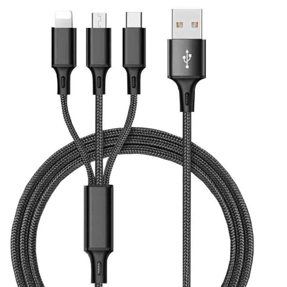 Red 3-in-1 braided charging cable with iPhone, Android and Type-C connectors shown at 1.25 metre length