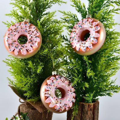 Glass Christmas pendants with 10cm donut and 13cm wine bottle designs in golden yellow and green colours